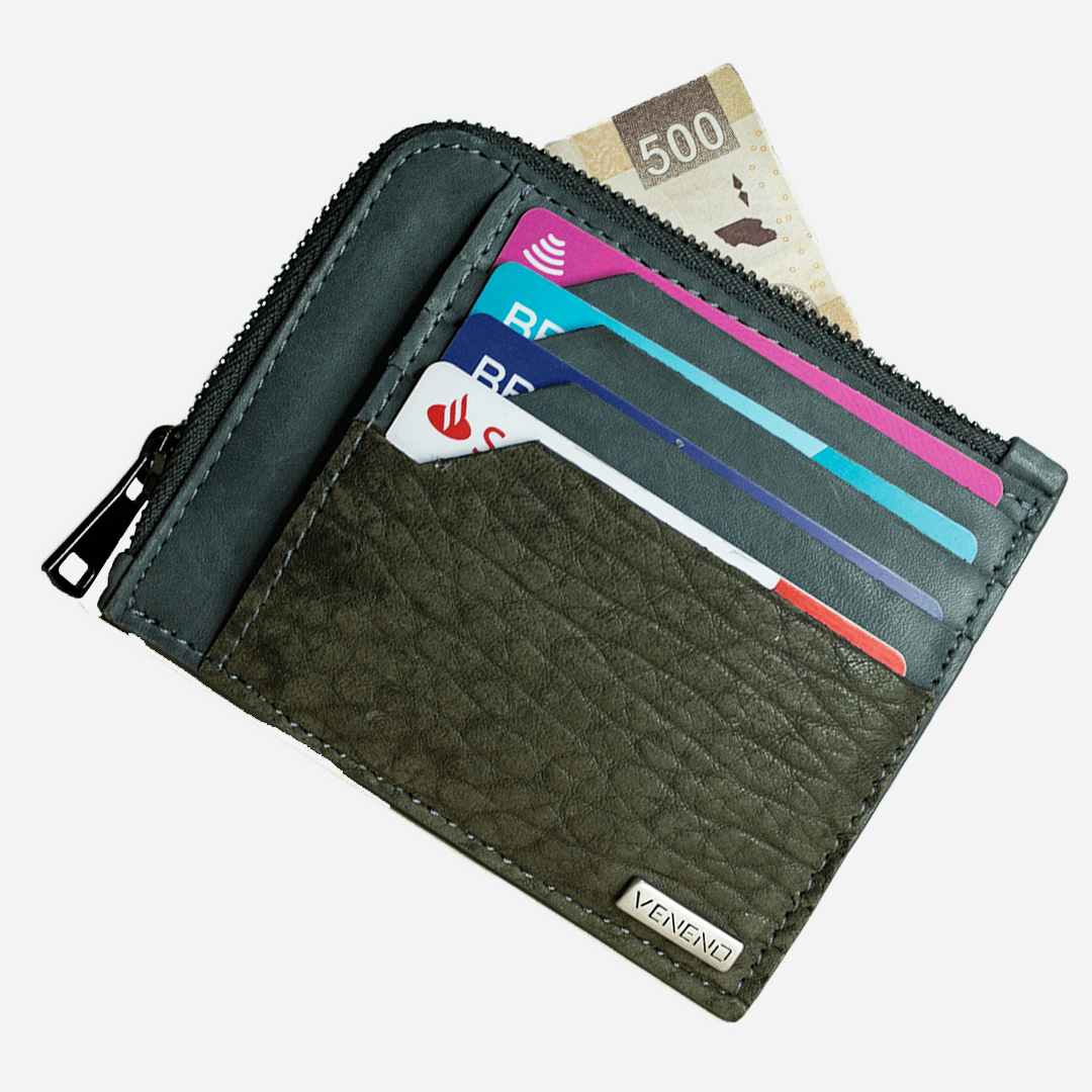 Veneno Leather Goods Cartera con Zipper "The Look" - Olive Gray